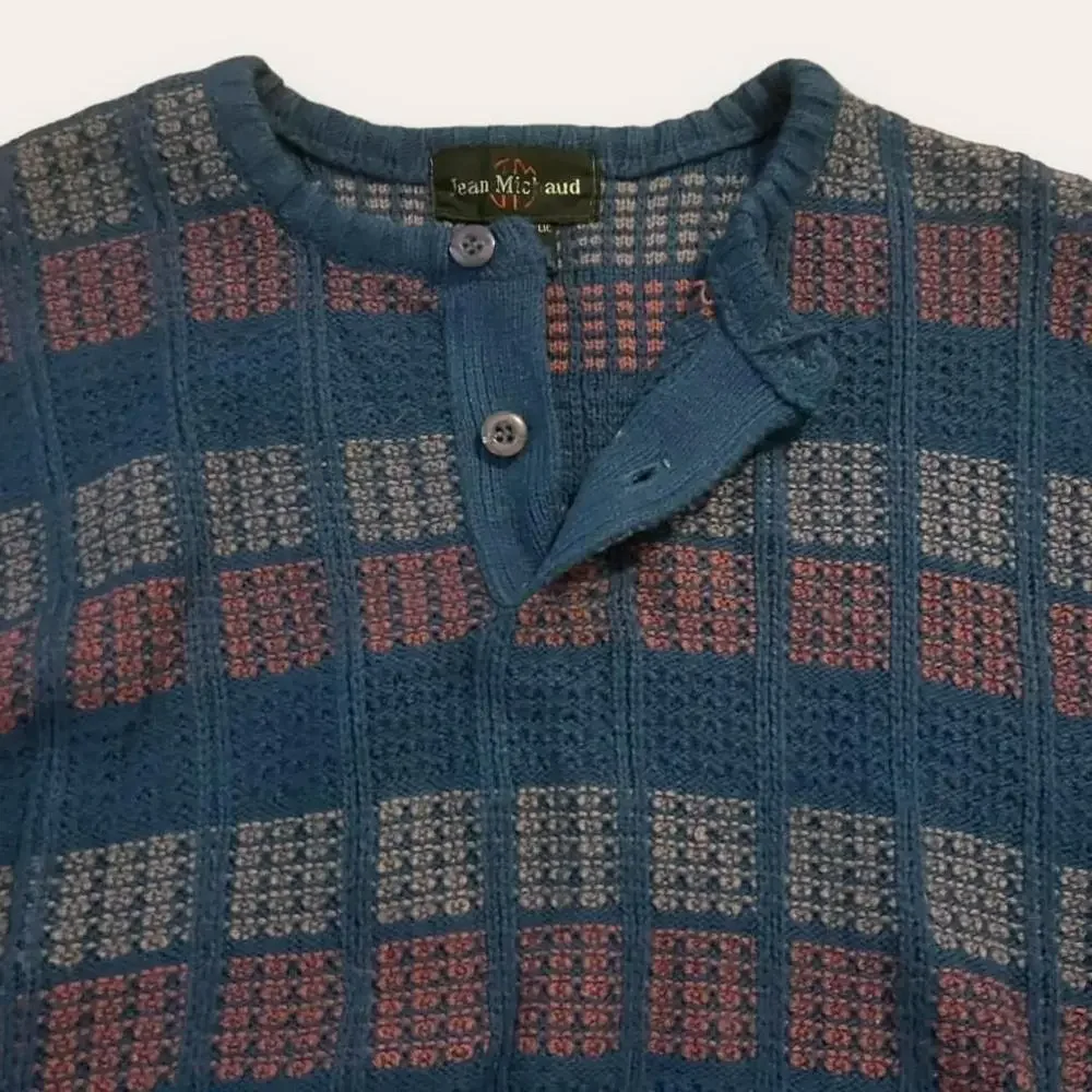 Vintage Checkered Patterned Sweater 1980s Jean Michaud Pullover Buttons Size Med - Picture 3 of 6